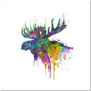 Moose Head Watercolor Silhouette Posters and Art